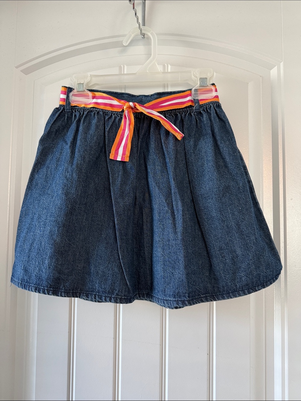 Gently worn Denim A-Line Skirt with Pink-Striped Tie Belt